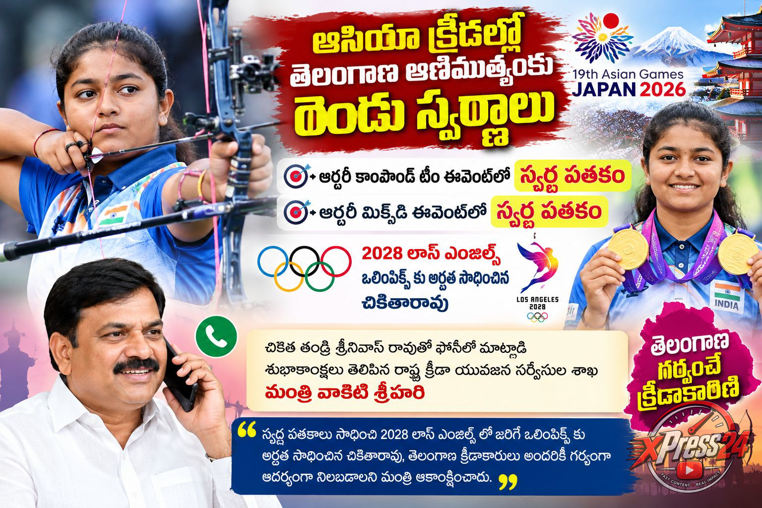 ఆసియా క్రీడల్లో స్వర్ణ పతకాలు సాధించిన చికితారావుకు మంత్రి అభినందనలు