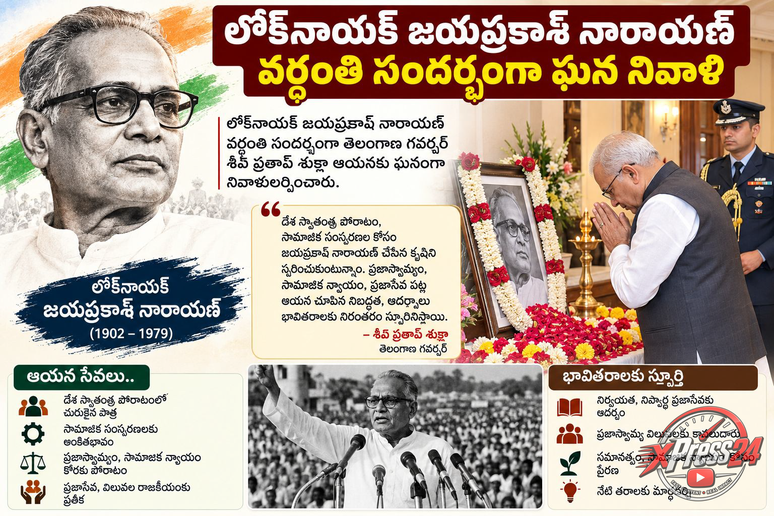 జయప్రకాశ్ నారాయణ్ వర్ధంతి సందర్భంగా గవర్నర్ నివాళులు